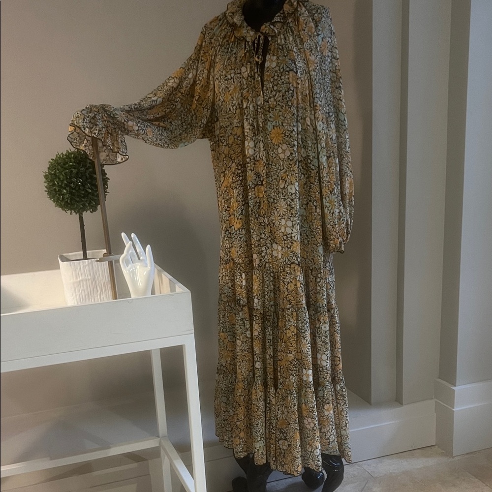 Free People Floral Long Sleeve Maxi Dress - Black and Gold